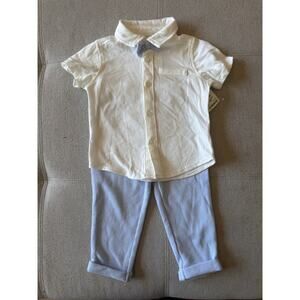 Baby Boys 2 Piece Outfit Set Button Down Shirt Bowtie + Blue Pants 18M